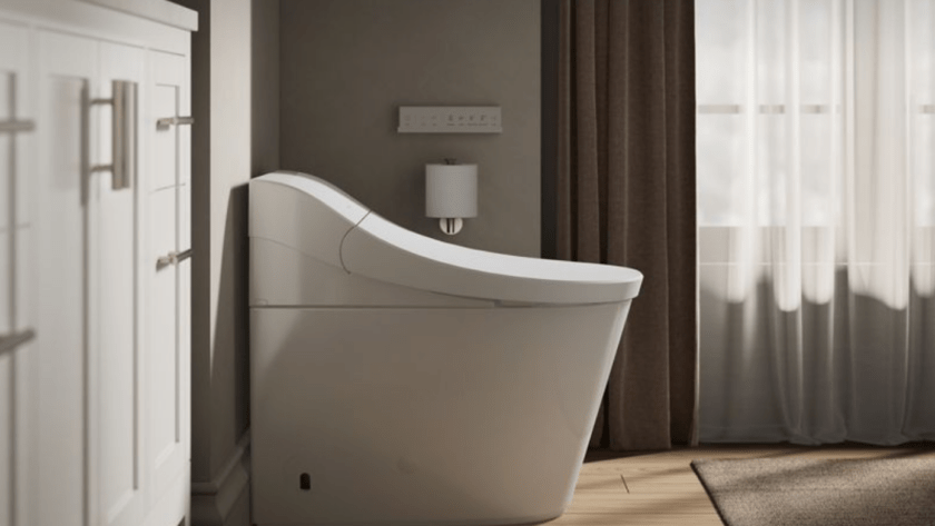 Modern KOHLER smart toilet installation in a stylish bathroom setting, featuring sleek design, adjacent cabinetry, and soft natural light.