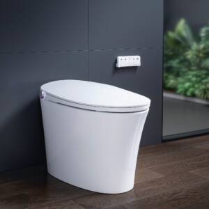 Smart toilet with sleek design, advanced features, and control panel, emphasizing modern bathroom technology for seamless installations.