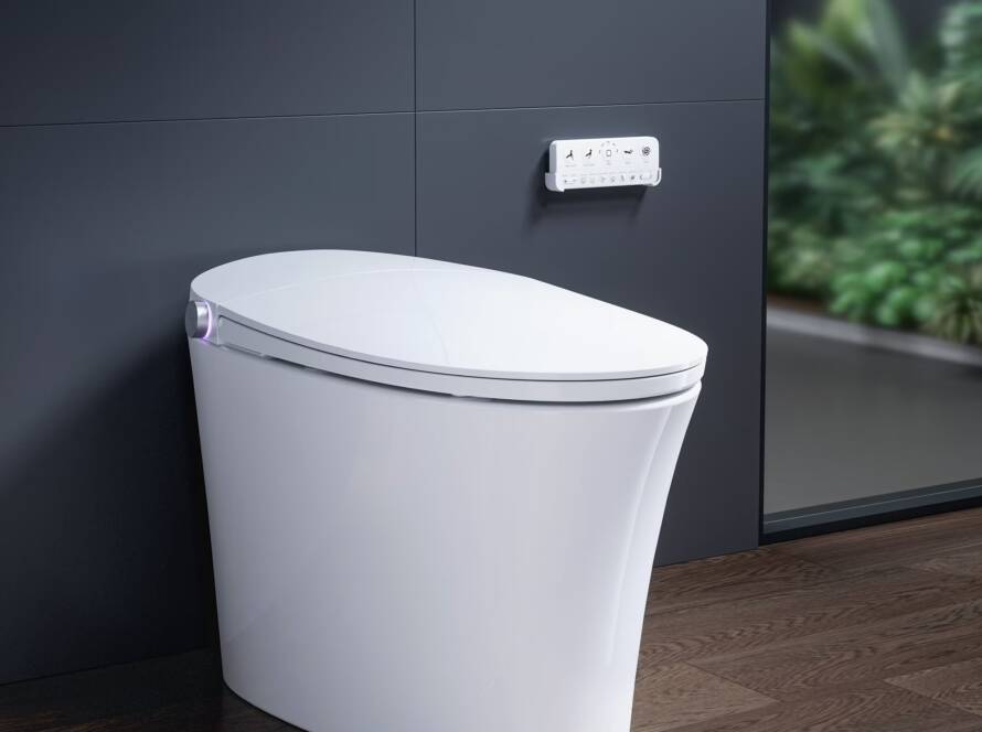 Smart toilet featuring a sleek design, integrated bidet controls, and modern bathroom setting, emphasizing comfort and advanced technology for a luxurious experience.