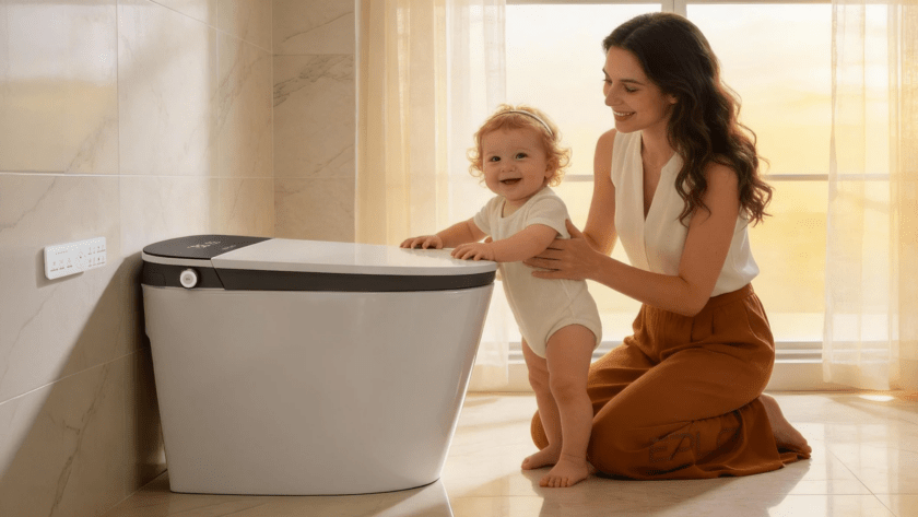Mother and child interacting with a modern smart toilet in a bright bathroom, showcasing family-friendly bathroom technology.
