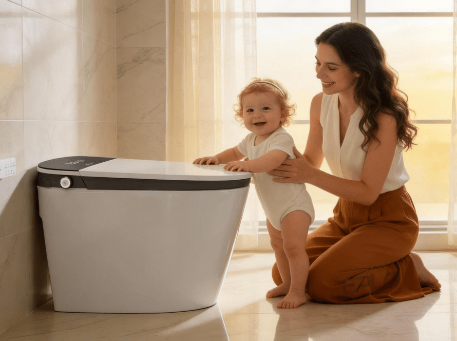 Mother and child interacting with a modern VOVO smart toilet in a brightly lit bathroom, showcasing family-friendly bathroom technology.