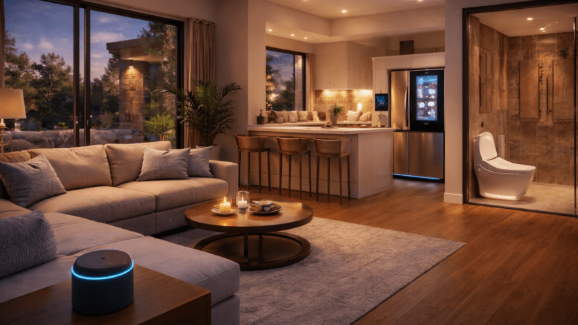 Modern living room with a smart speaker, cozy sofa, and a view of a stylish bathroom featuring a smart toilet, emphasizing smart home integration and bathroom upgrades.