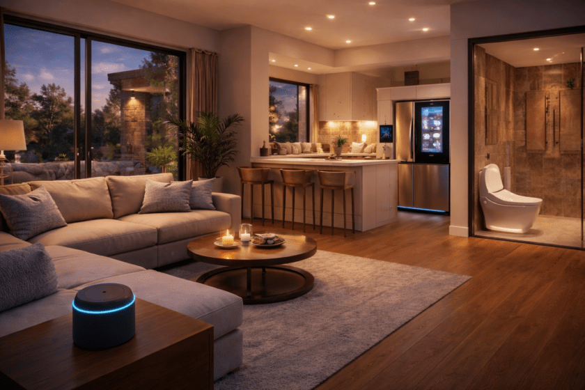 Modern living room with smart home features, showcasing a cozy sofa, round coffee table, and a smart toilet visible in the bathroom area, emphasizing luxury and convenience in a smart home environment.