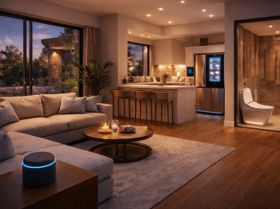 Modern living room with smart features, including a smart toilet in the bathroom, cozy seating, and a connected home assistant on a table, emphasizing smart home upgrades and bathroom technology.