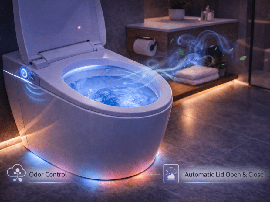 Smart toilet featuring automatic deodorizer activation and odor control technology, with illuminated design and modern bathroom setting.