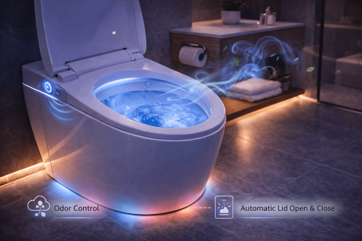 Smart toilet with automatic deodorizer feature, emitting subtle scent and visual effects, highlighting odor control and automatic lid functions in a modern bathroom setting.