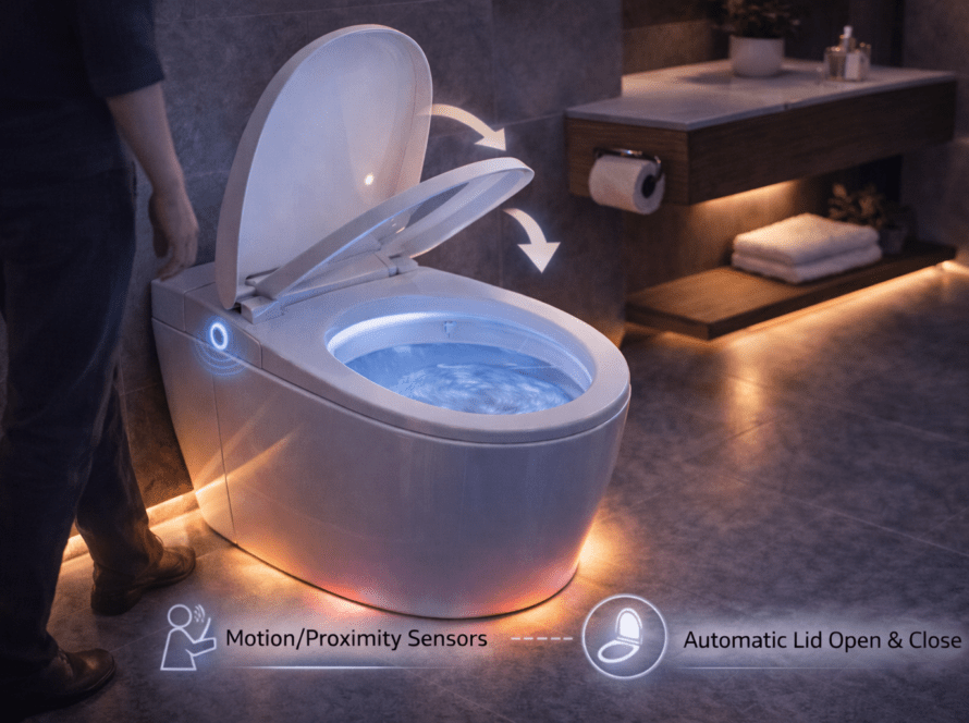 Smart toilet with automatic lid open/close feature, motion/proximity sensors, and ambient LED lighting, enhancing convenience and hygiene in modern bathrooms.