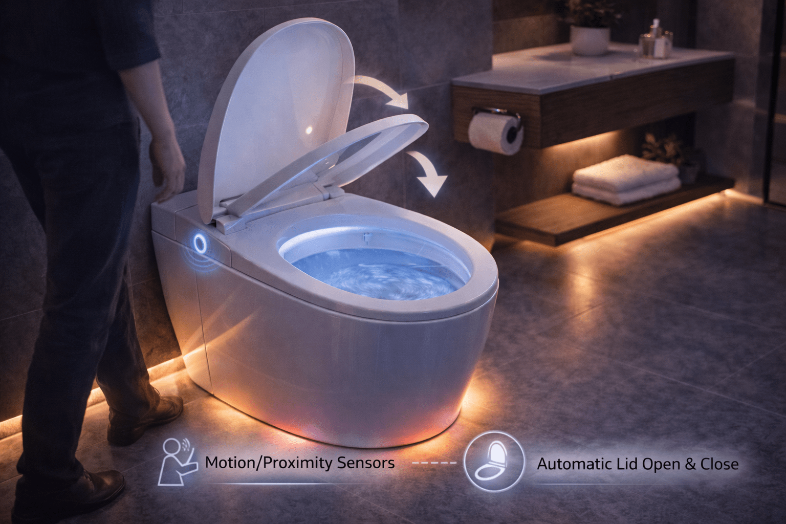 Smart toilet with automatic lid open/close feature, motion/proximity sensors, modern bathroom setting, enhancing convenience and hygiene.