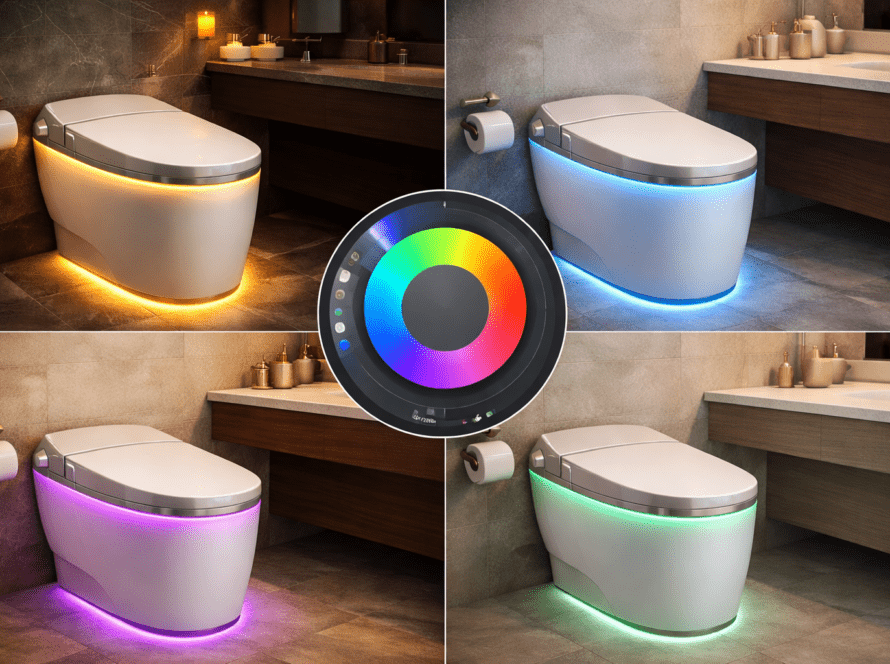 Customizable LED smart toilet with various color scenes and mood lighting options, enhancing bathroom aesthetics and atmosphere.