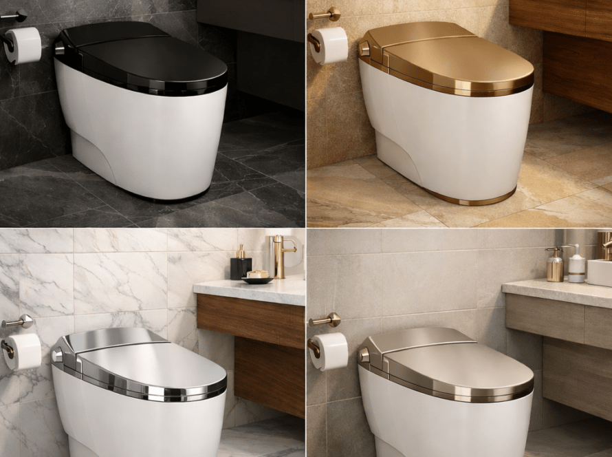 Designer smart toilets in various finishes, including black, gold, silver, and bronze, showcasing luxury accents and modern bathroom aesthetics.