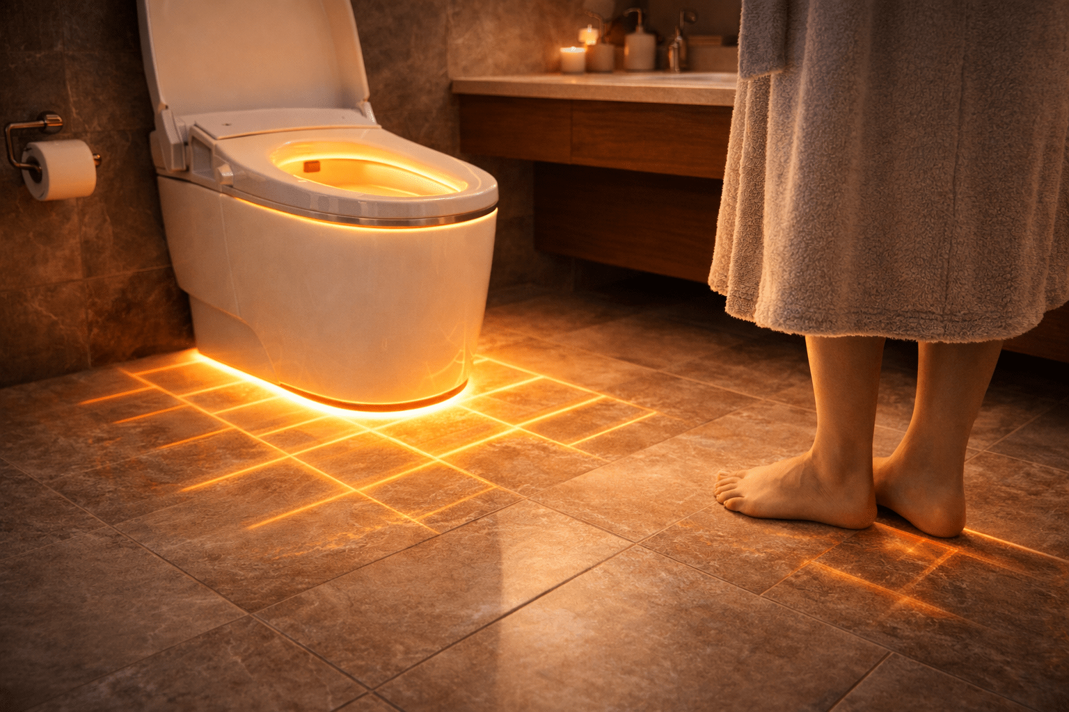 Smart toilet with illuminated base and heated floor integration, featuring foot warmers, creating a cozy bathroom atmosphere.
