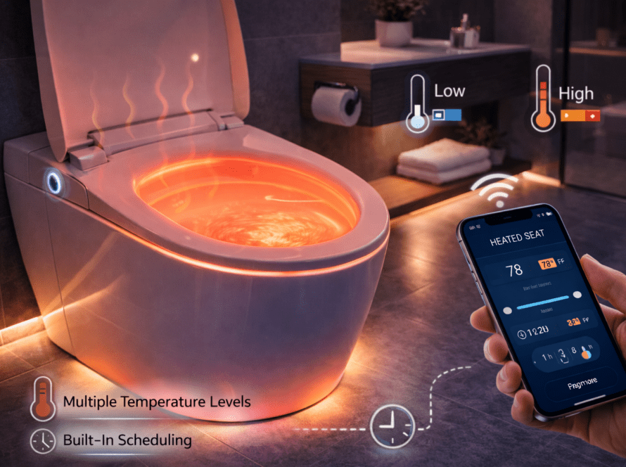 Smart toilet featuring a heated seat with adjustable temperature settings, displaying multiple temperature levels and a smartphone app for remote control, set in a modern bathroom environment.