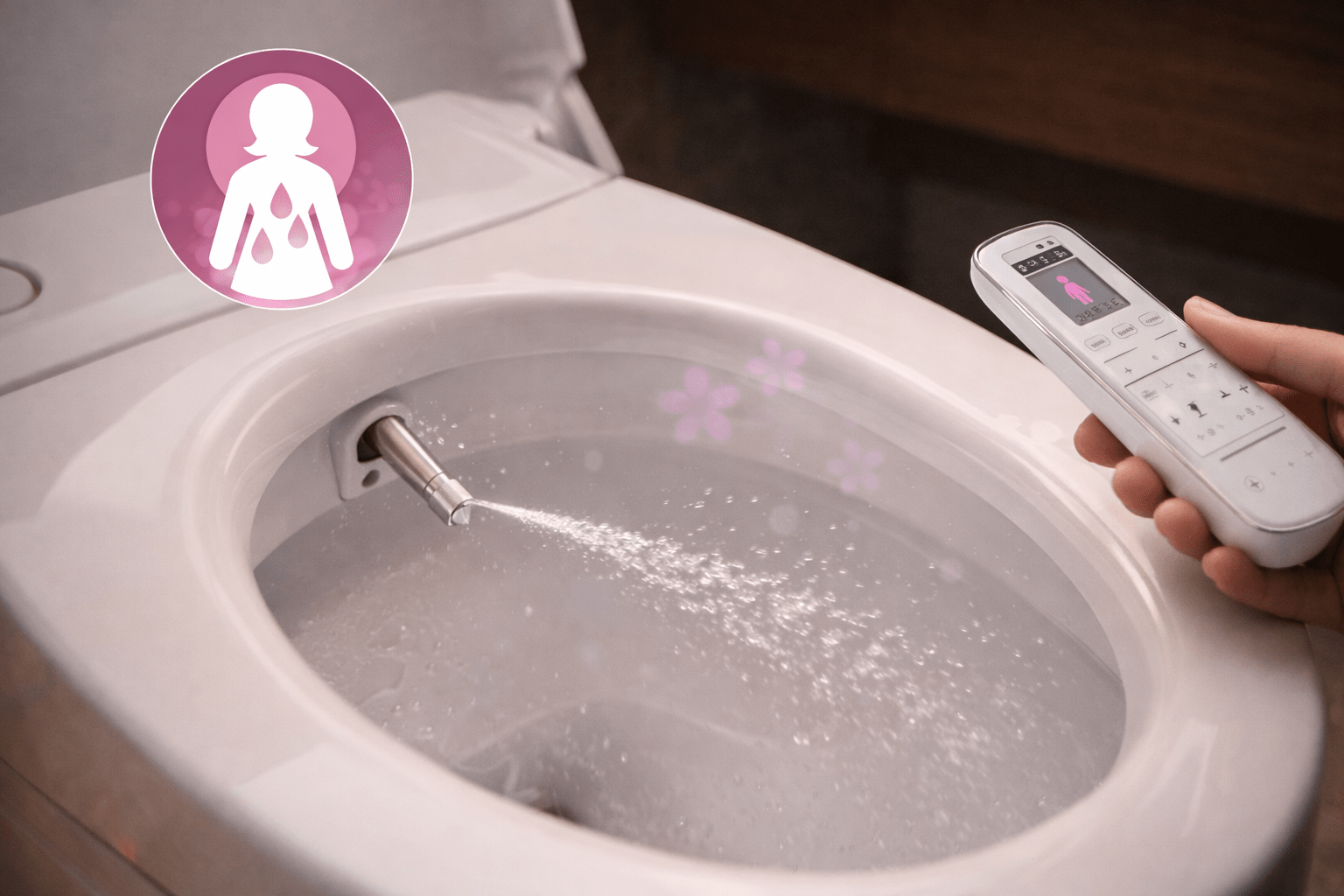Integrated bidet with feminine wash mode, featuring adjustable spray and remote control for personalized comfort and hygiene.