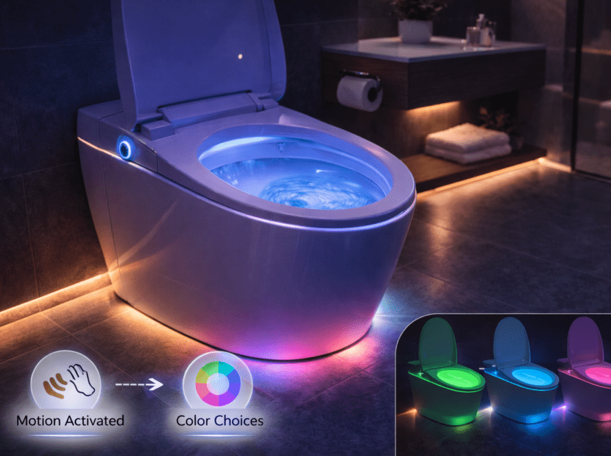 Smart toilet with motion-activated LED ambient lighting, color options, and sleek design, enhancing convenience and automation in modern bathrooms.