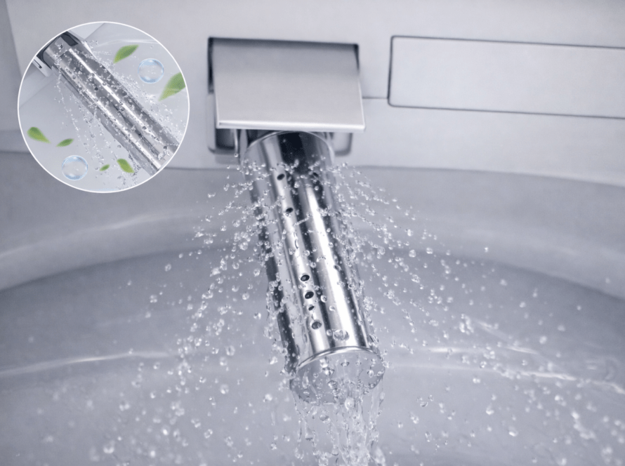 Self-cleaning bidet nozzle with water spray, showcasing hygiene features of smart toilets by Smart Thrones.