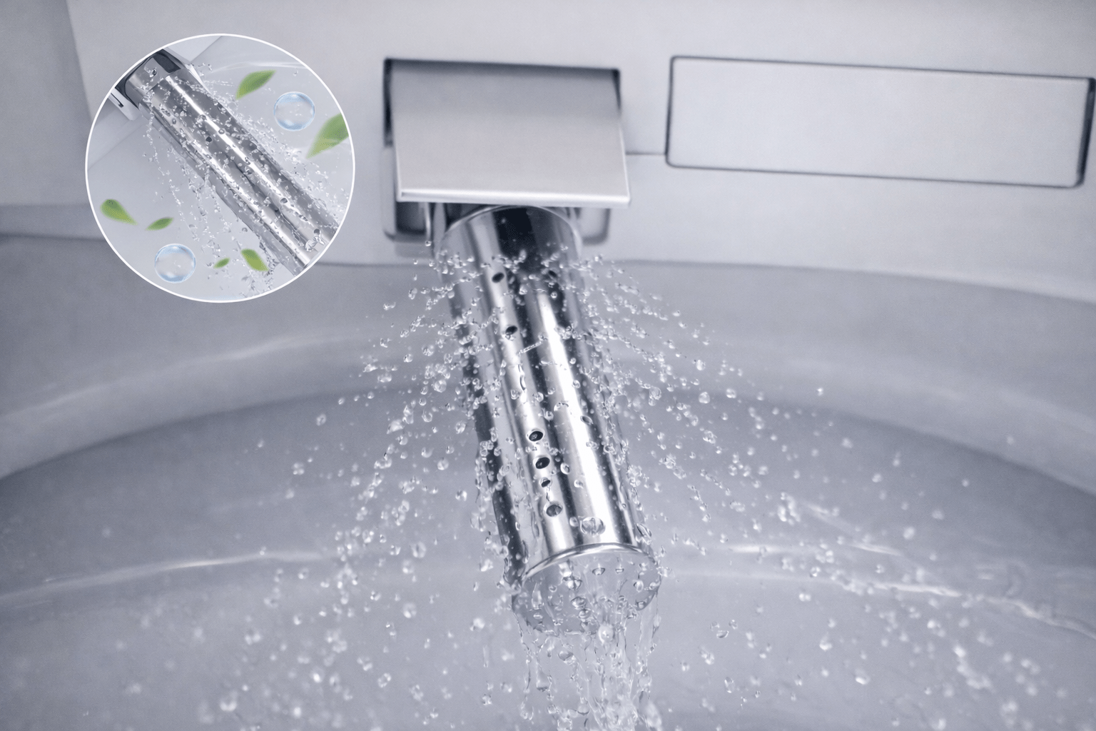 Self-cleaning bidet nozzle with water spray, demonstrating hygiene technology for smart toilets.