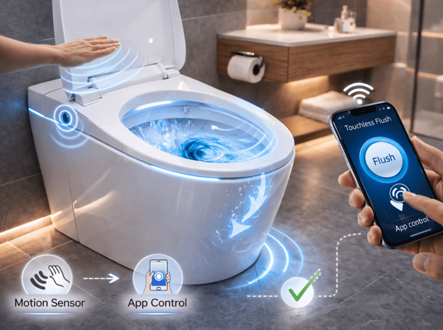 Touchless flush smart toilet with motion sensor and app control, demonstrating automated hygiene features for modern bathrooms.