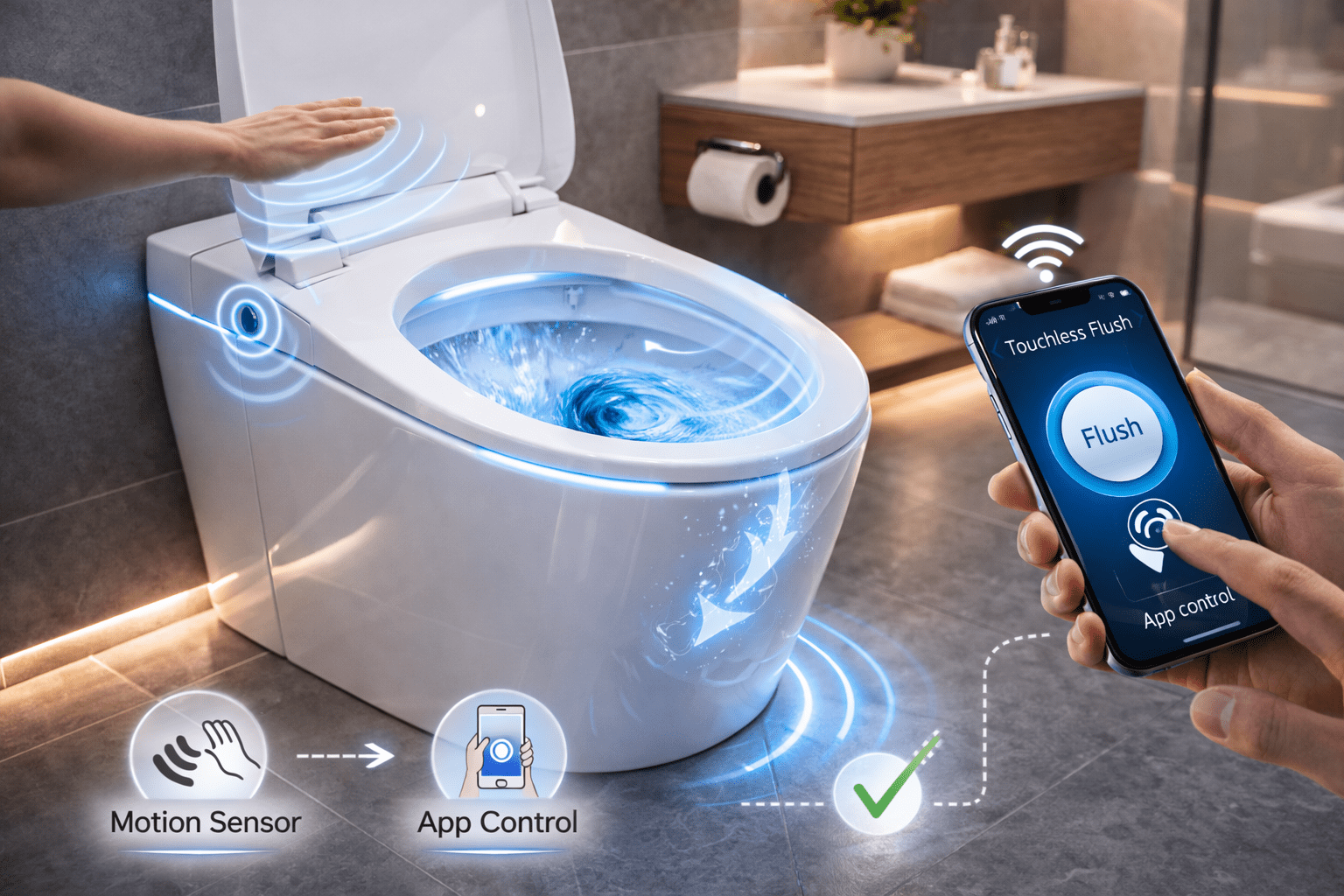 Touchless flush toilet with motion sensor and app control, demonstrating hygienic, hands-free operation in a modern bathroom setting.