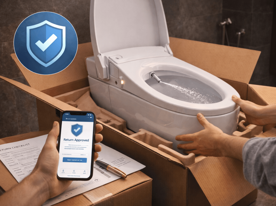 Smart toilet in packaging with a mobile phone displaying a return approval notice, emphasizing the return and replacement policy for smart toilet installations.
