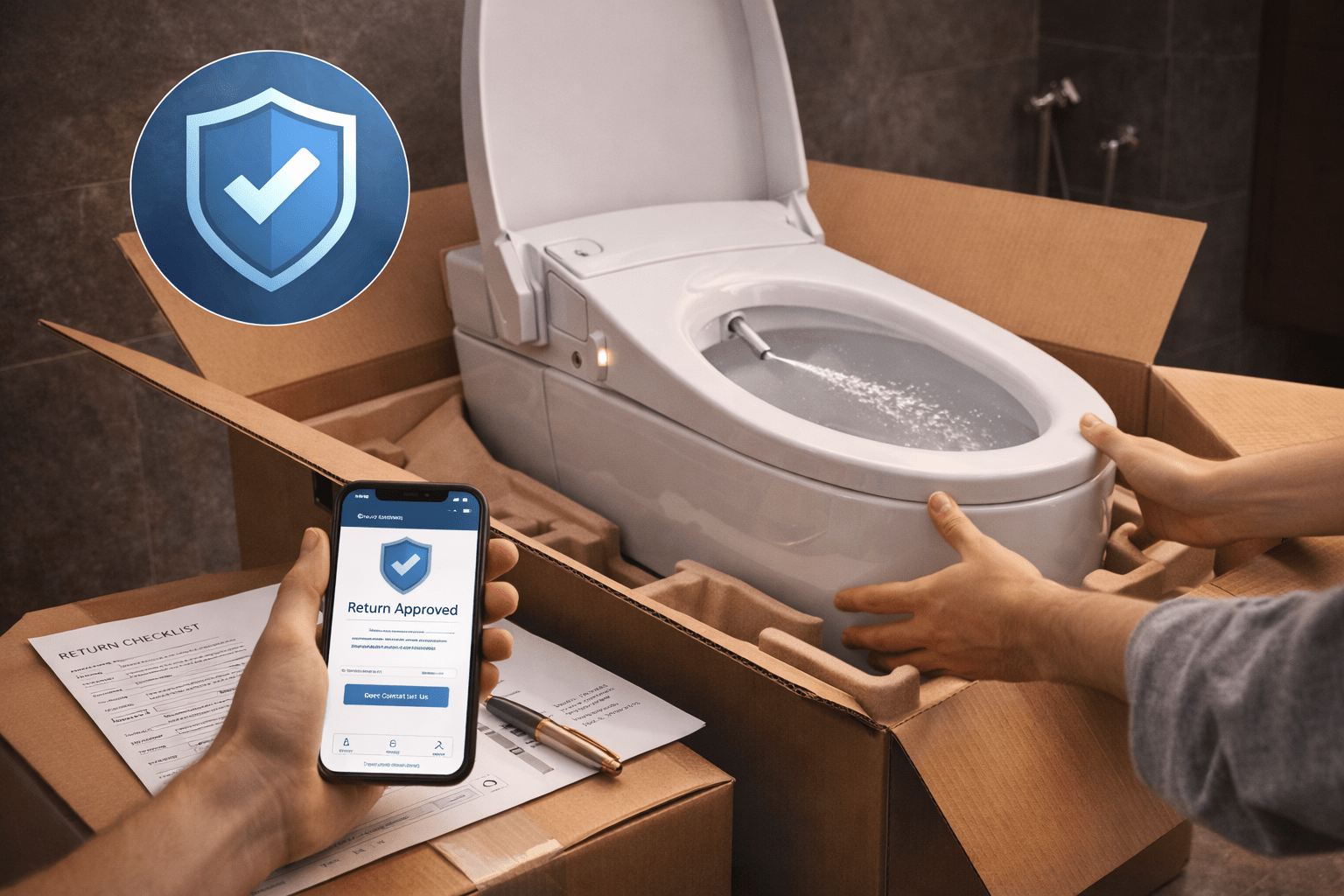 Smart toilet in packaging with return approval on smartphone, highlighting return and replacement policy for smart toilets.