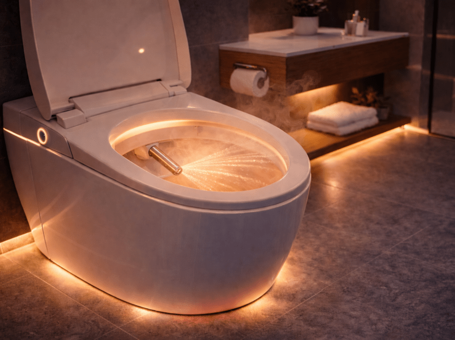 Smart toilet with warm-water bidet wash feature, illuminated design, and adjustable spray settings for personalized comfort.