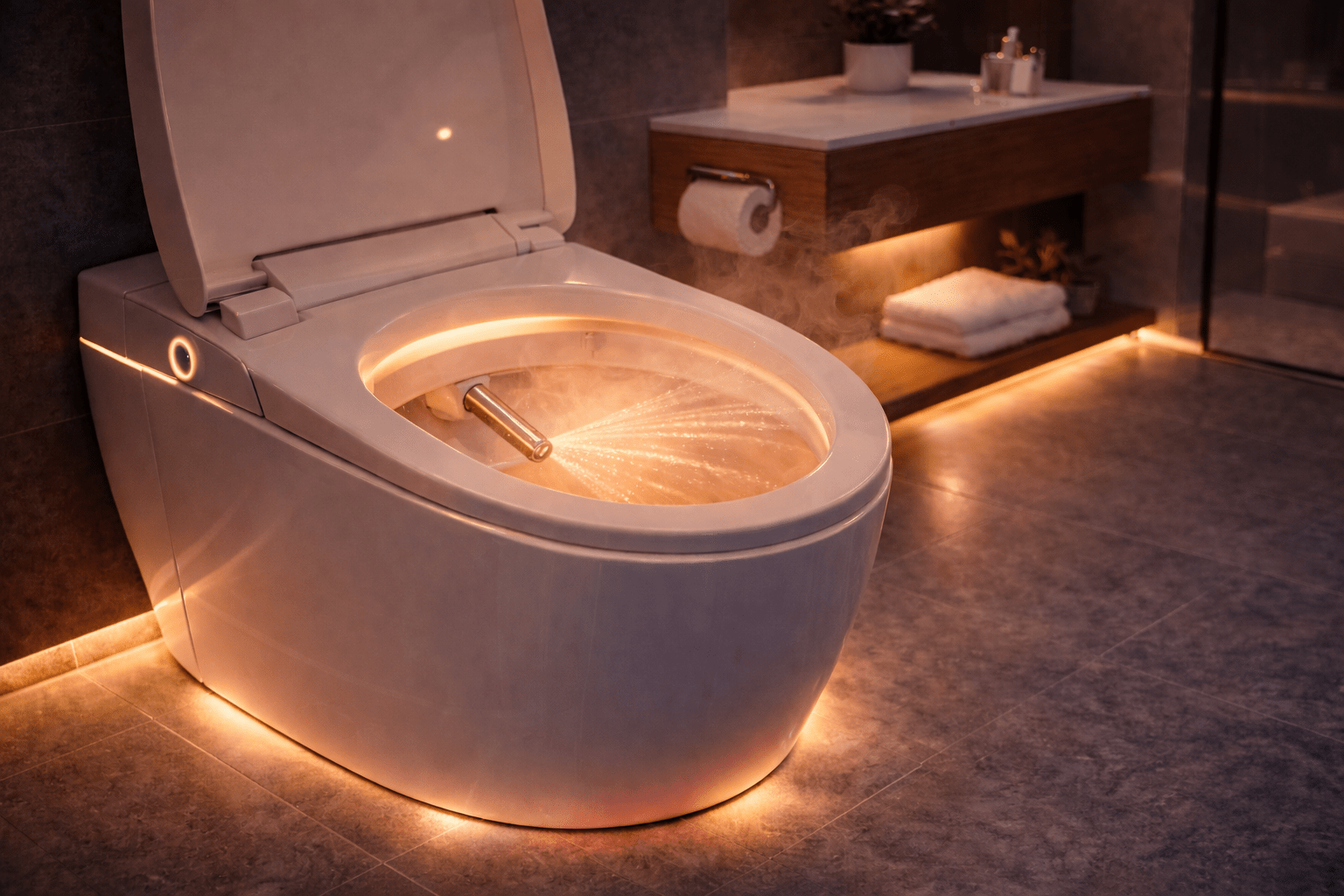 Smart toilet featuring warm-water bidet wash with adjustable settings, glowing LED accents, and steam, enhancing comfort and hygiene in modern bathrooms.