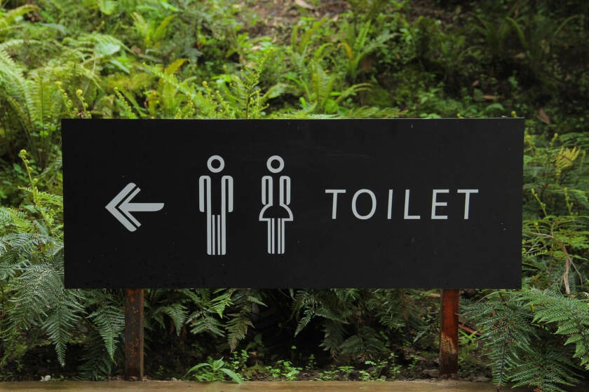 Toilet sign with male and female symbols, directing left, surrounded by greenery, emphasizing restroom accessibility and convenience in modern bathroom design.