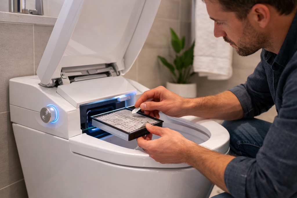 Man performing maintenance on a smart toilet, inserting a filter cartridge into the system, showcasing advanced home technology for hygiene and performance.
