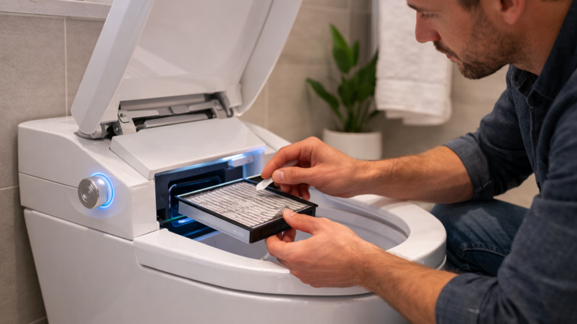 Man performing maintenance on a smart toilet, replacing the filter, with illuminated controls and a modern bathroom setting.