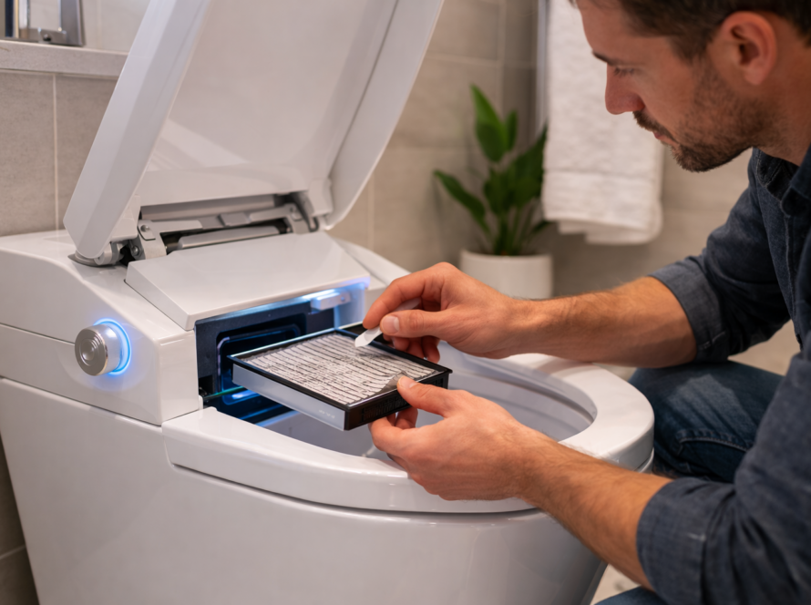 Man performing maintenance on a smart toilet, replacing the filter in a modern bathroom setting, emphasizing smart home technology and hygiene upgrades.