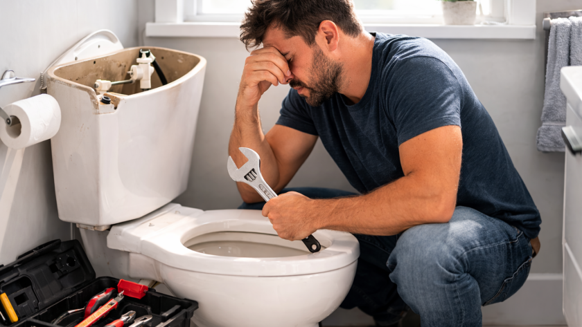 Man frustrated while repairing a broken toilet with a wrench, surrounded by tools, illustrating the challenges of traditional toilet repairs and the need for smart toilet upgrades.