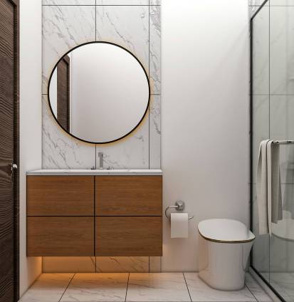 Modern bathroom featuring a smart toilet, elegant wooden vanity with circular mirror, and glass shower, emphasizing luxury and comfort in bathroom upgrades.